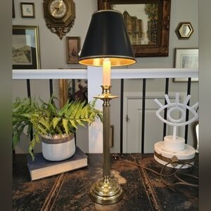 Tall Solid Brass Candlestick Buffet Lamp Black Gold Shade 20" Regency Style VTG